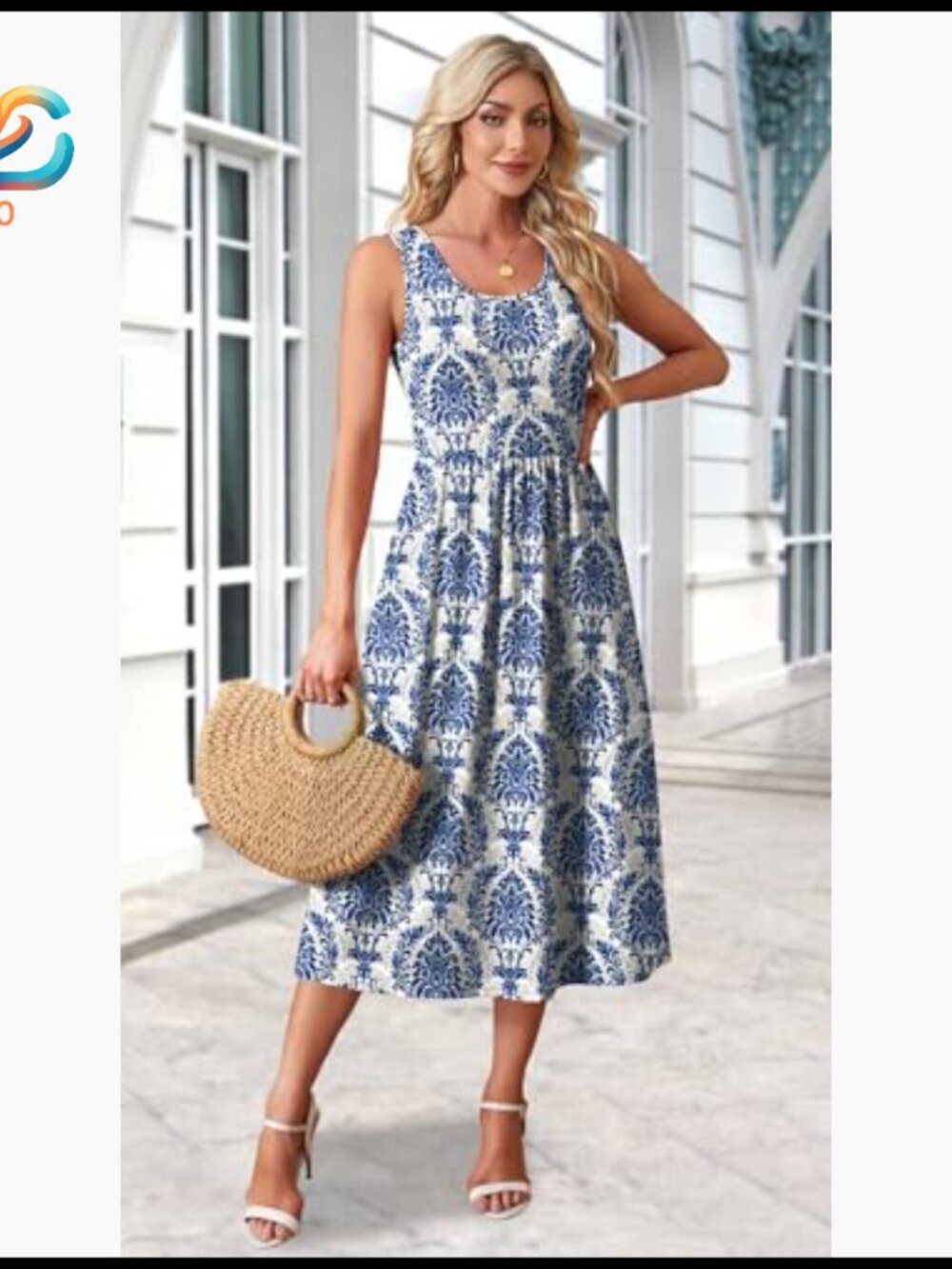 Flowy Midi Dress with Pockets, Casual Summer Vacation Sundress - Picture 4 of 7